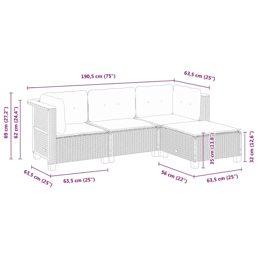 Salon de jardin 4 pcs avec coussins noir résine tressée - 8