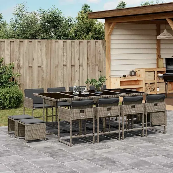 Ensemble à manger de jardin coussins 13 pcs gris résine tressée