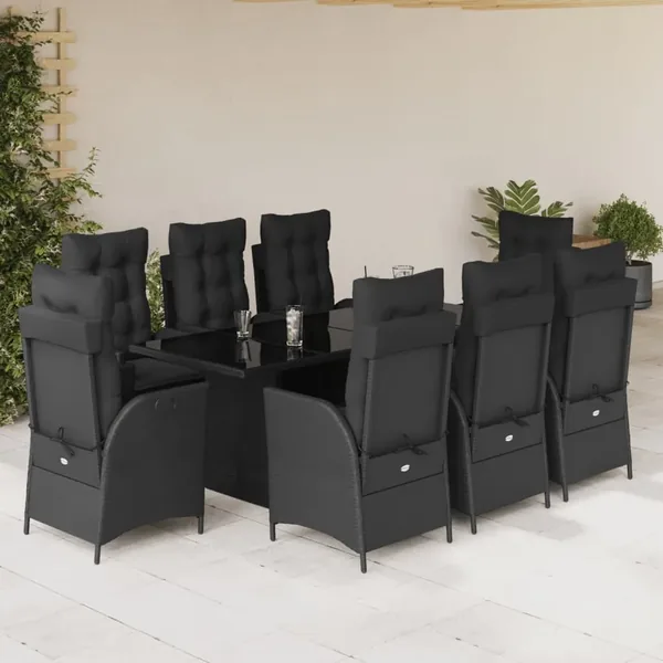 Ensemble à manger de jardin 9pcs coussins noir résine tressée