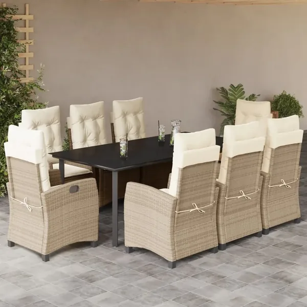 Ensemble à manger de jardin et coussins 9 pcs beige Poly rotin