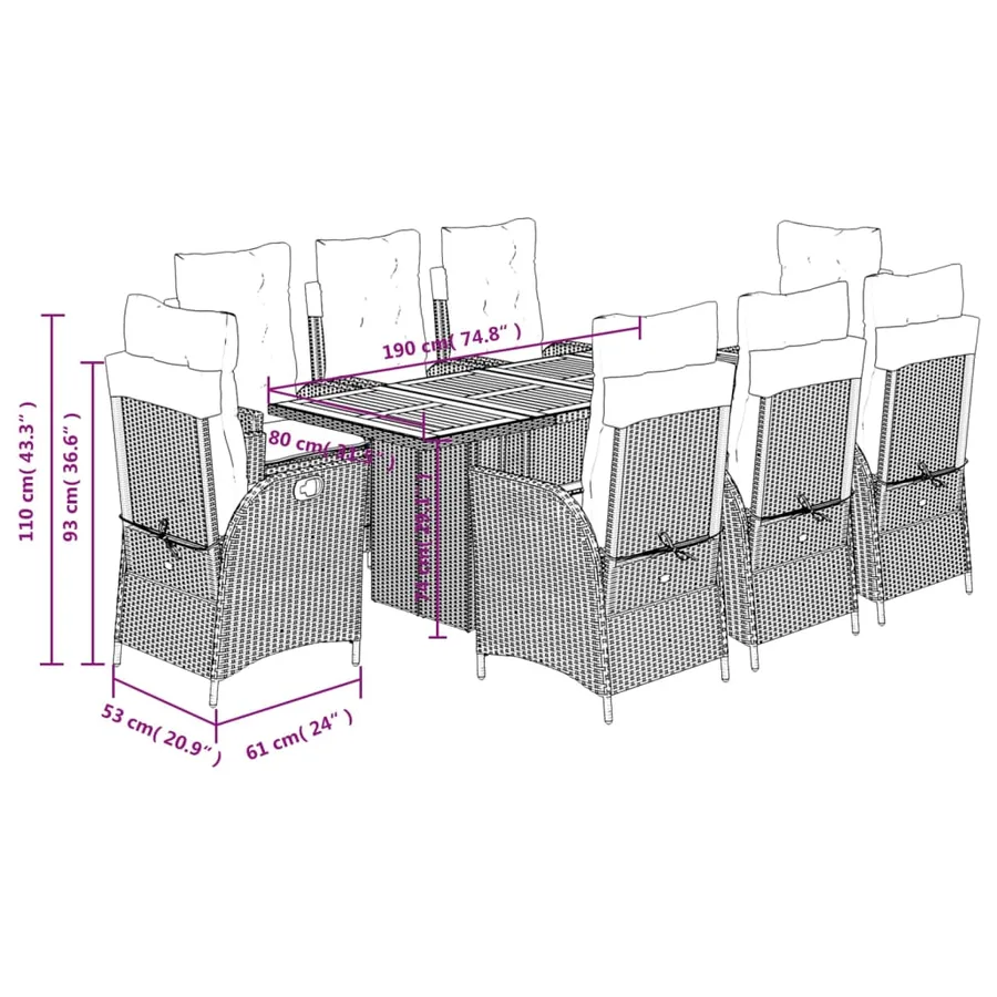 Ensemble à manger de jardin 9pcs coussins noir résine tressée - 12