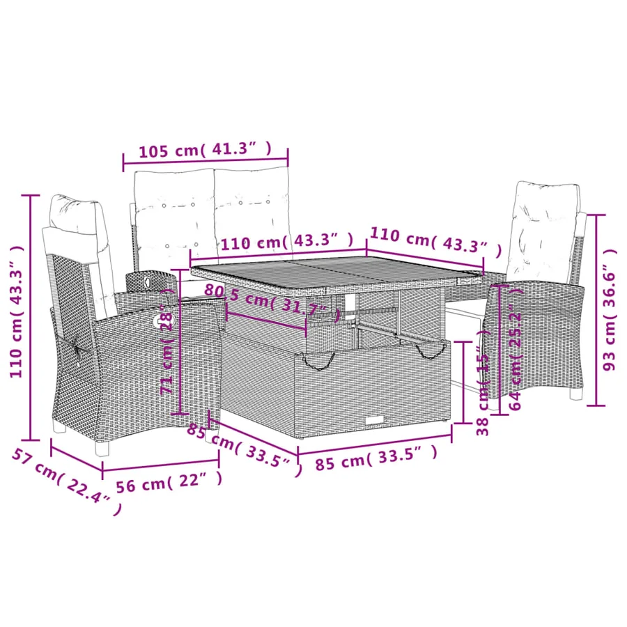 Ensemble à manger de jardin coussins 4 pcs beige résine tressée - 9