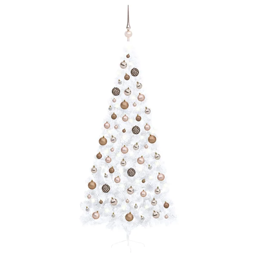 Demi-arbre de Noël artificiel pré-éclairé et boules blanc 240cm