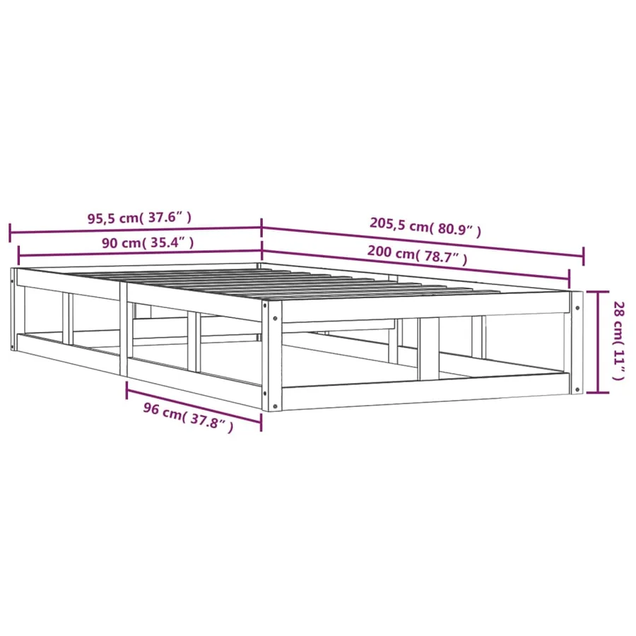 Cadre de lit sans matelas noir 90x200 cm bois massif - 9