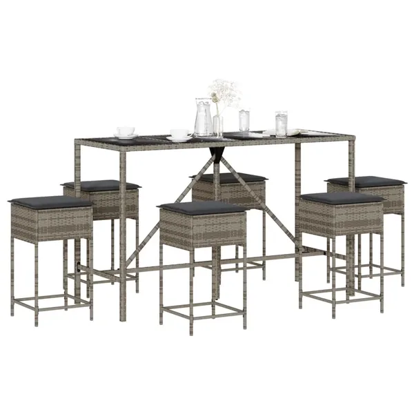 Ensemble de bar de jardin 7 pcs avec coussins gris poly rotin