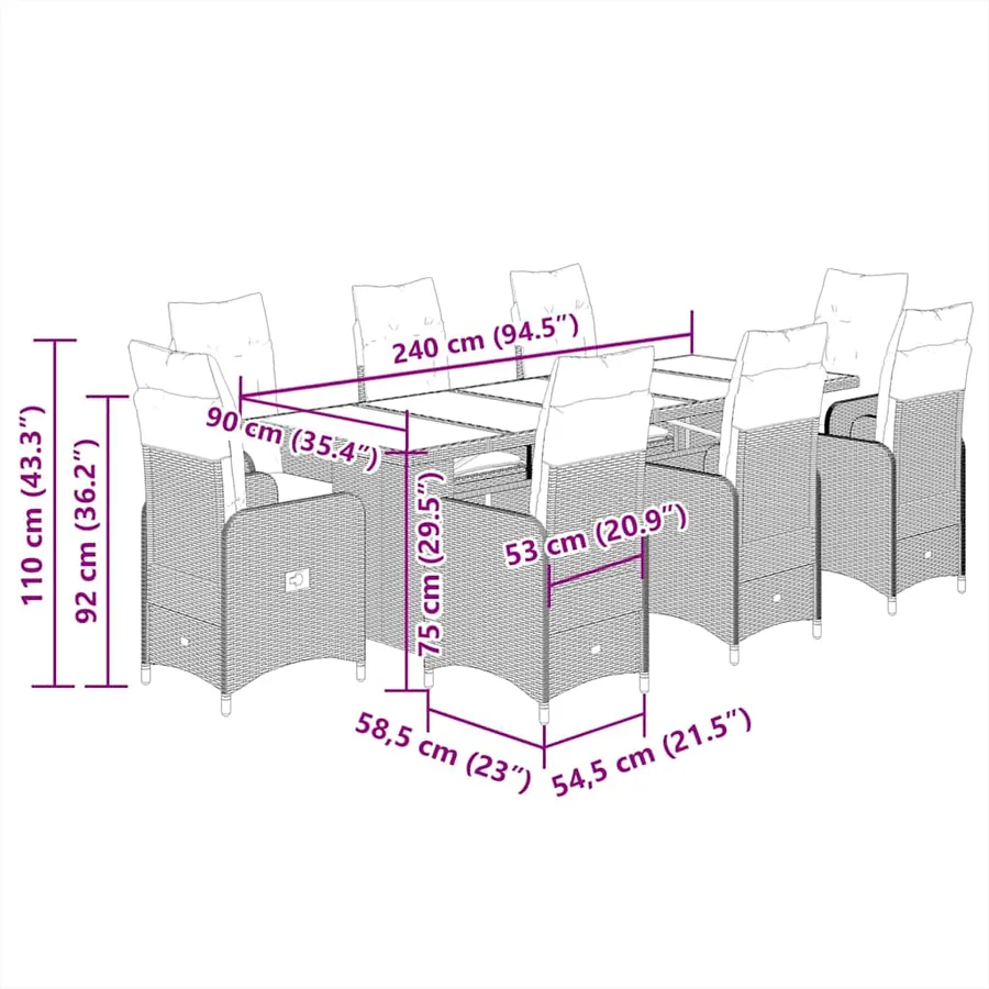 Ensemble de bistro de jardin 9 pcs coussins gris poly rotin - 7
