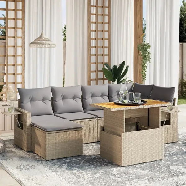 Salon de jardin avec coussins 7 pcs beige résine tressée