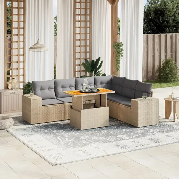Salon de jardin avec coussins 7 pcs beige résine tressée