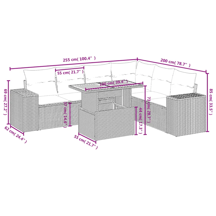 Salon de jardin avec coussins 7 pcs beige résine tressée - 3