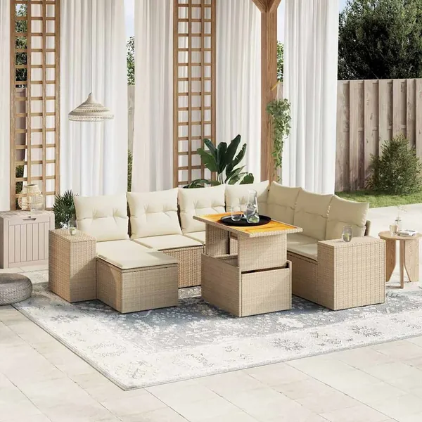 Salon de jardin avec coussins 8 pcs beige résine tressée