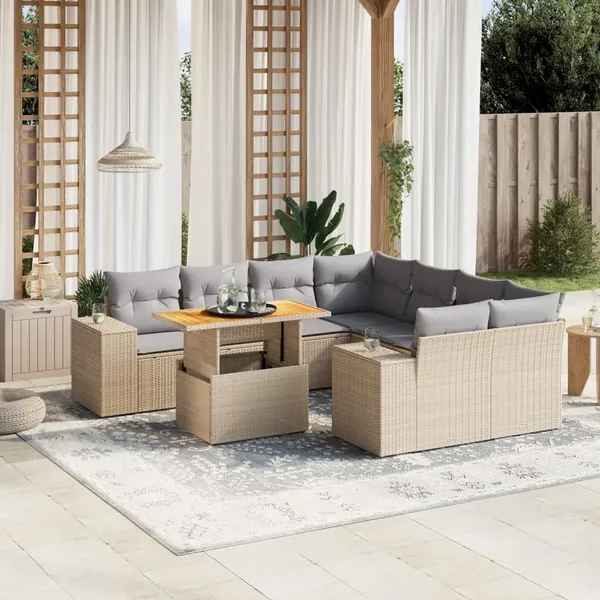 Salon de jardin avec coussins 9 pcs beige résine tressée
