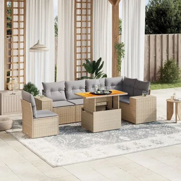 Salon de jardin avec coussins 7 pcs beige résine tressée