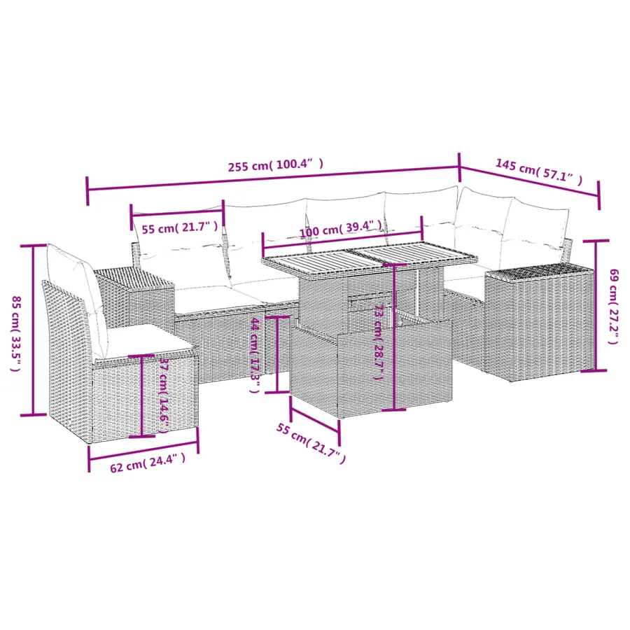 Salon de jardin avec coussins 7 pcs beige résine tressée - 3
