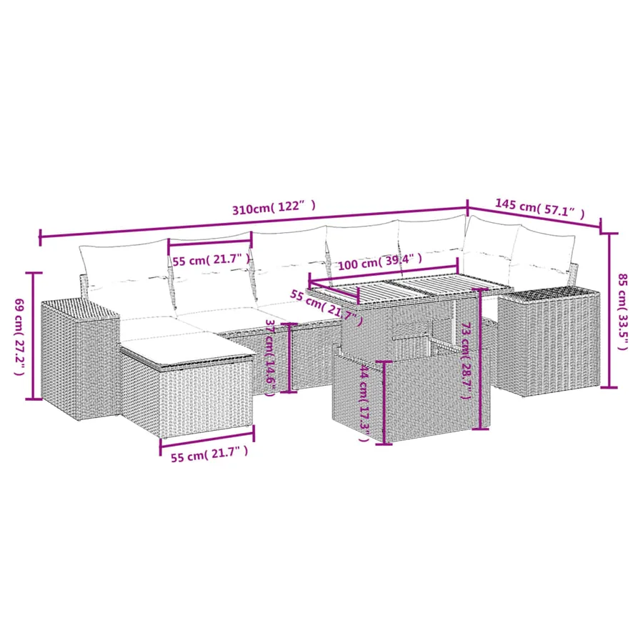 Salon de jardin avec coussins 8 pcs beige résine tressée - 3