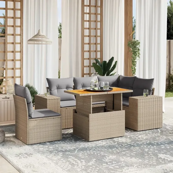 Salon de jardin avec coussins 6 pcs beige résine tressée