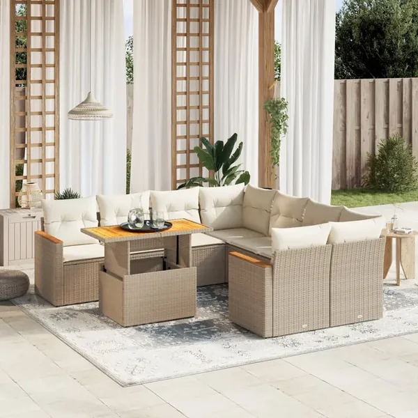 Salon de jardin avec coussins 9 pcs beige résine tressée