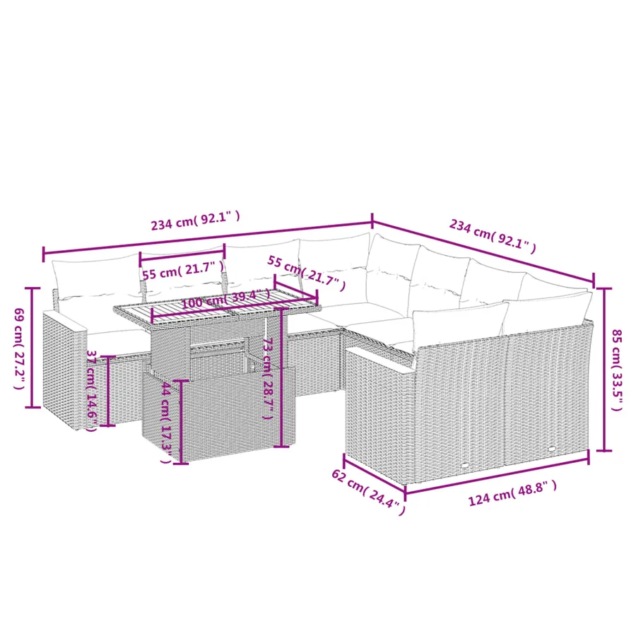Salon de jardin avec coussins 9 pcs beige résine tressée - 3