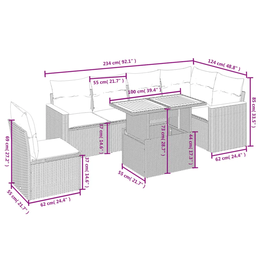 Salon de jardin avec coussins 7 pcs beige résine tressée - 3