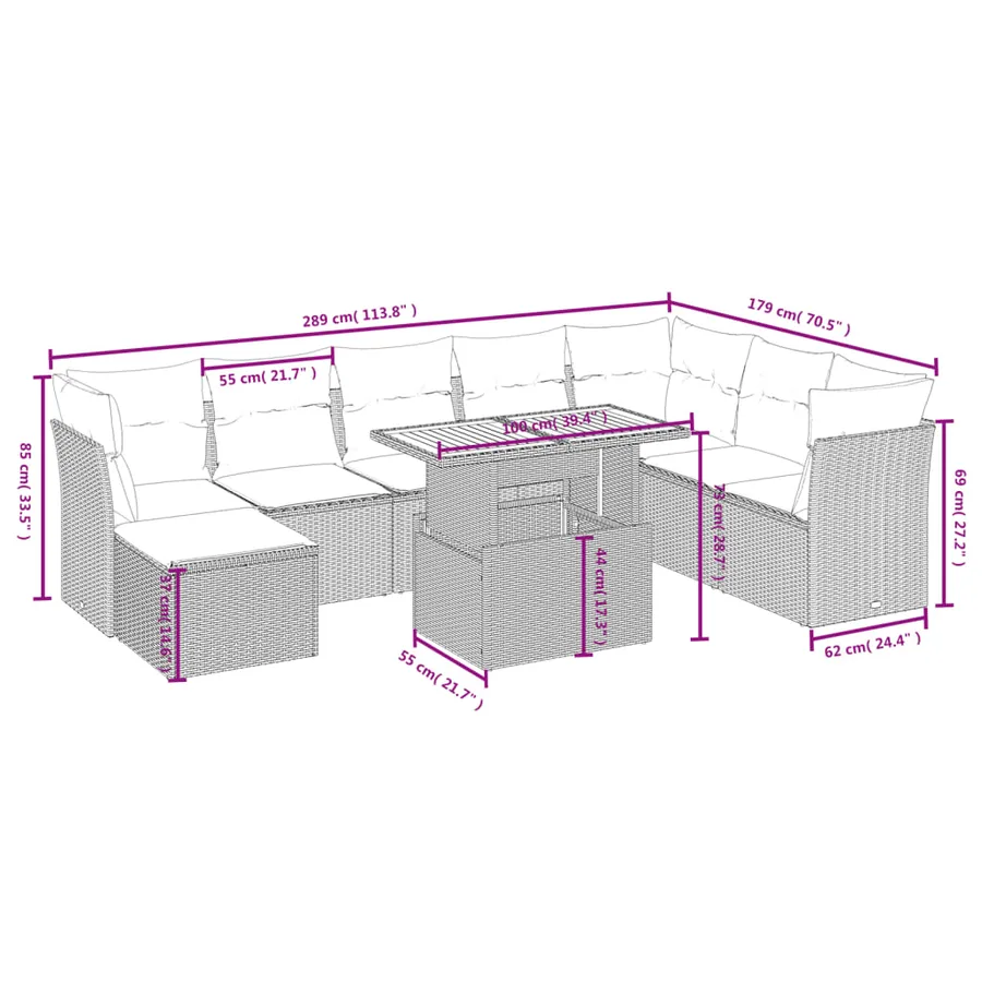Salon de jardin avec coussins 9 pcs beige résine tressée - 4