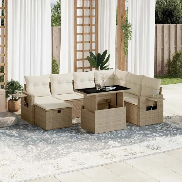 Salon de jardin avec coussins 8 pcs beige résine tressée