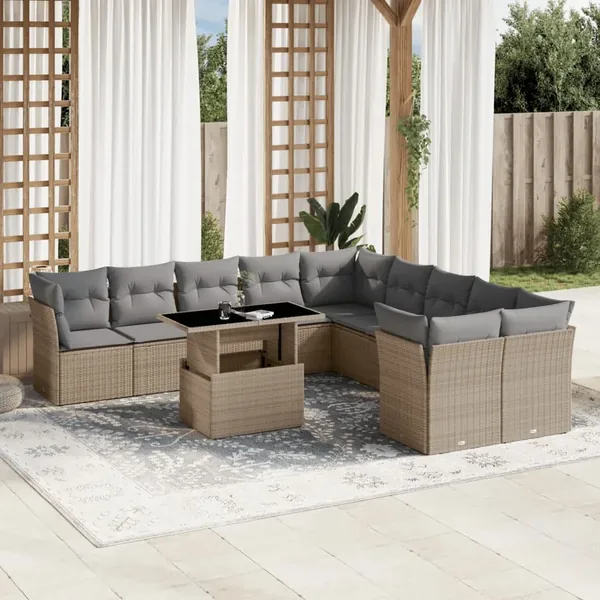 Salon de jardin 11 pcs avec coussins beige résine tressée