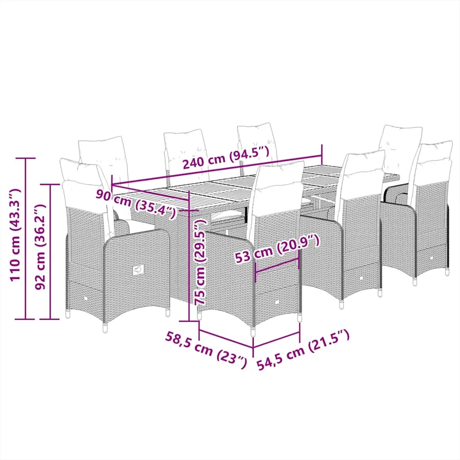 Ensemble de bistro de jardin 9 pcs coussins noir poly rotin - 7