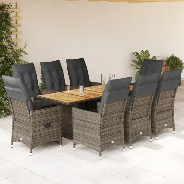 Ensemble à manger de jardin 9 pcs coussins gris résine tressée