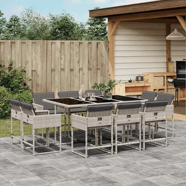 Ensemble à manger de jardin 11pcs avec coussins gris poly rotin