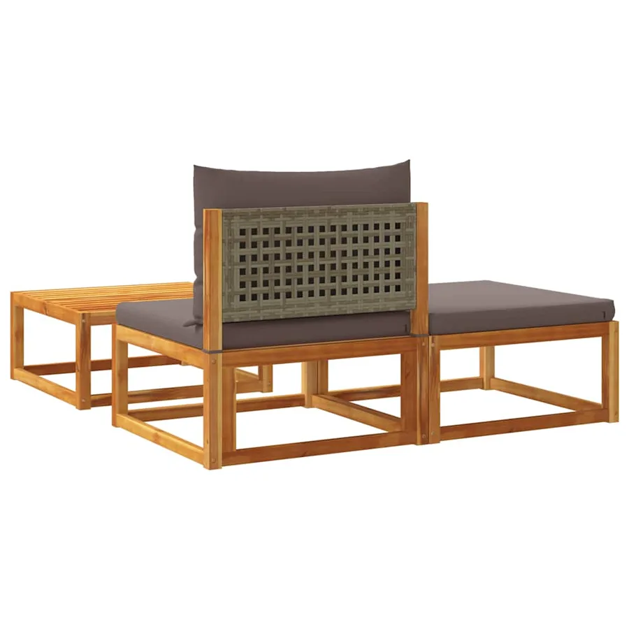 Ensemble de canapés de jardin 3 pièces avec coussins en bois d'acacia et rotin - 6