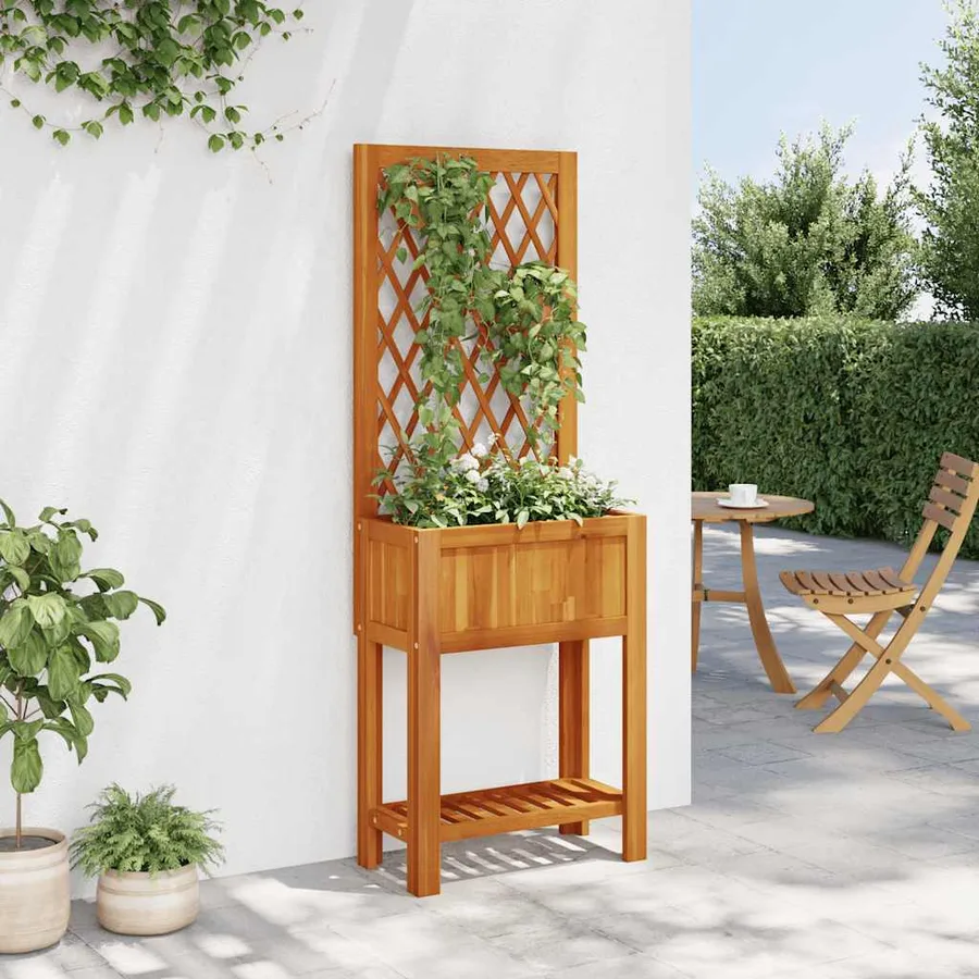 Jardinière avec treillis et étagère bois massif d'acacia - 3