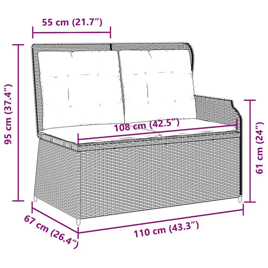 Banc inclinable de jardin et coussins gris clair résine tressée - 9