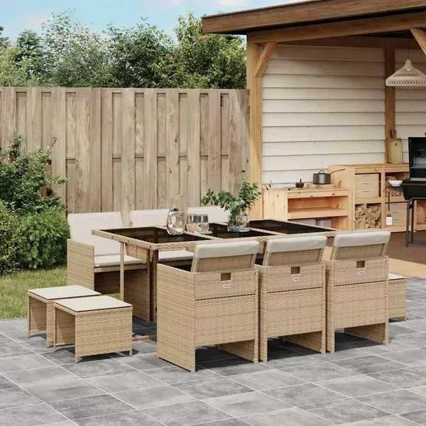 Ensemble à manger de jardin et coussins 11 pcs beige poly rotin