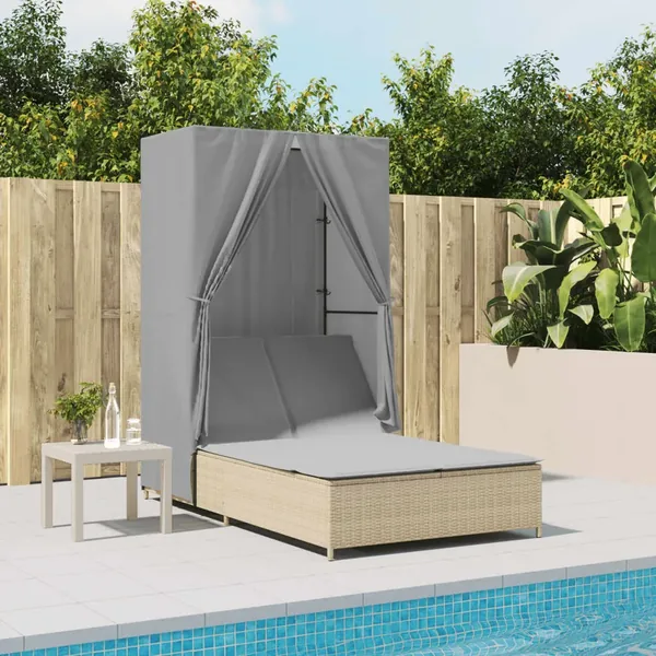 Chaise longue double avec toit et rideaux beige résine tressée