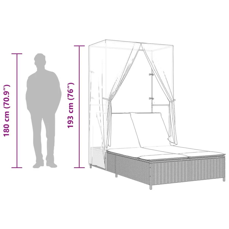 Chaise longue double avec toit et rideaux beige résine tressée - 10