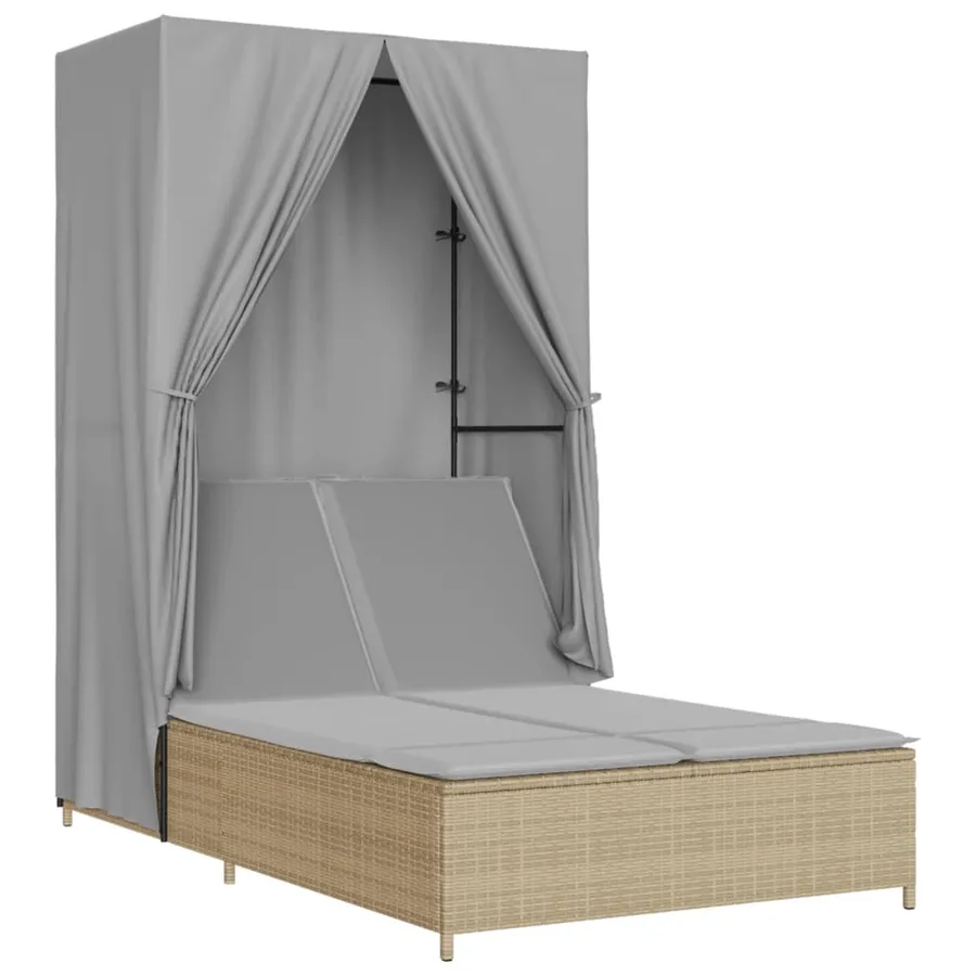 Chaise longue double avec toit et rideaux beige résine tressée - 2