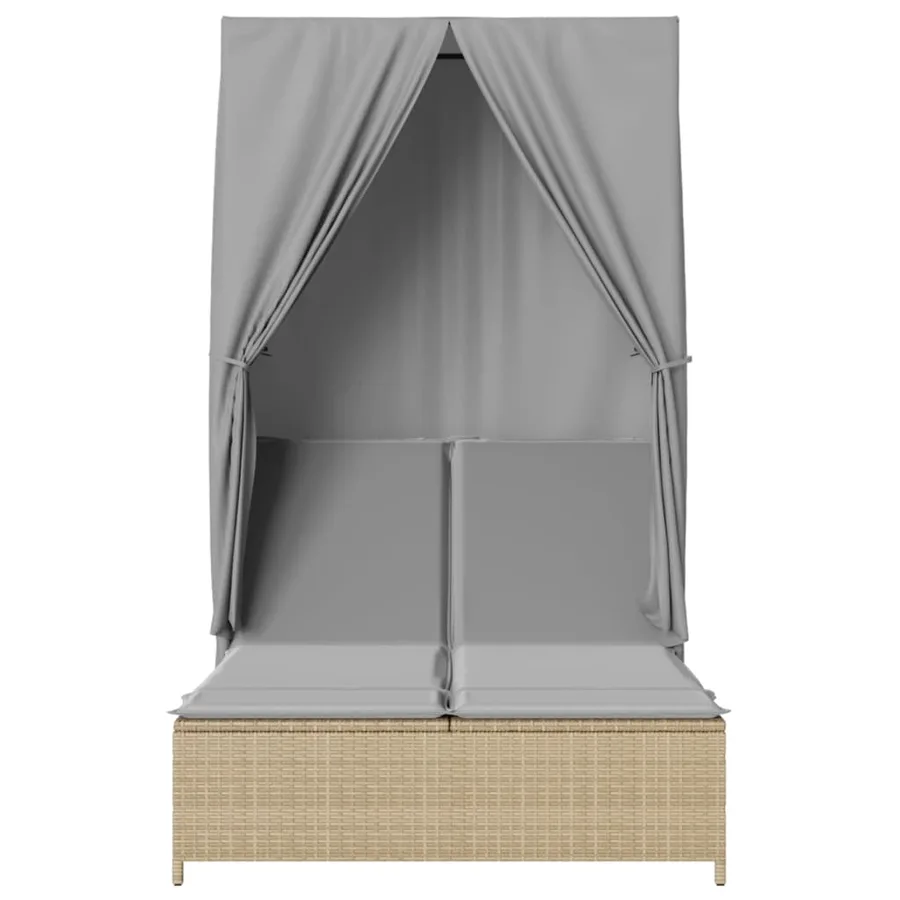 Chaise longue double avec toit et rideaux beige résine tressée - 4