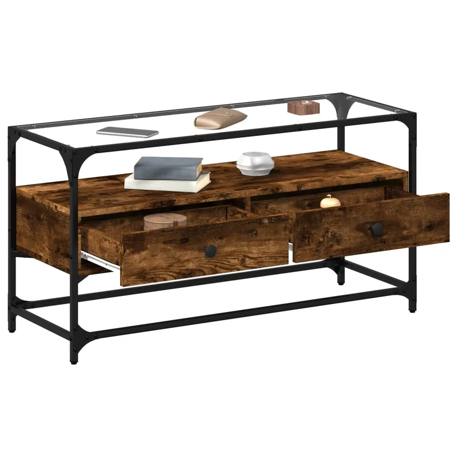 Meuble TV avec dessus en verre chêne fumé bois d'ingénierie - 3