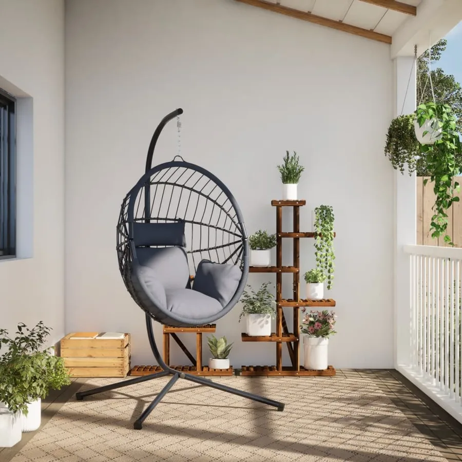 Chaise suspendue en forme d'œuf et support gris rotin et acier - 3