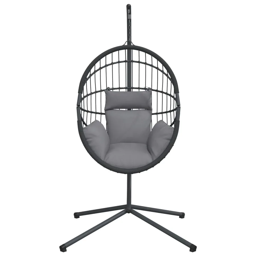 Chaise suspendue en forme d'œuf et support gris rotin et acier - 4