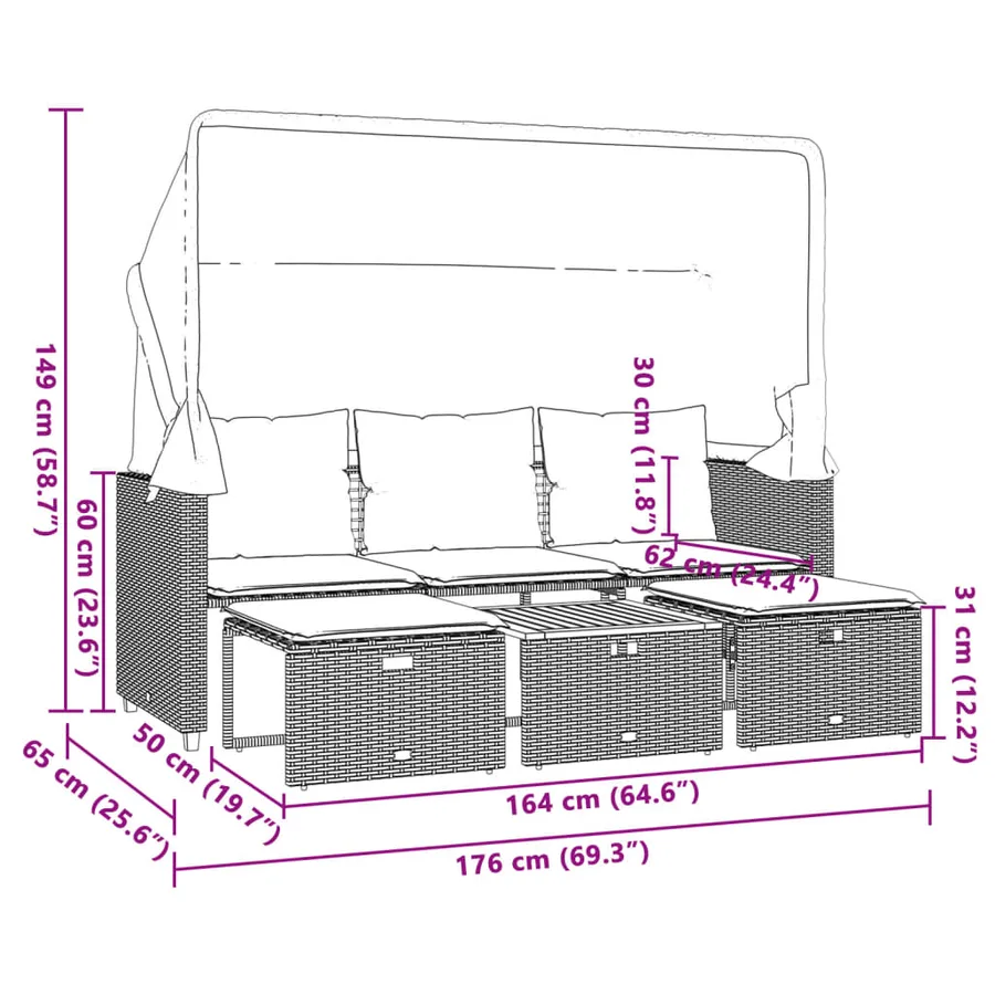 Canapé de jardin 3 places avec auvent et tabourets beige rotin - 11
