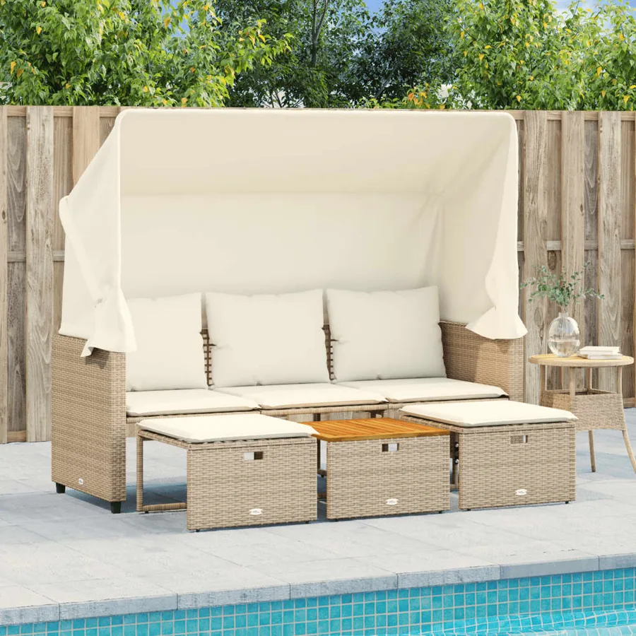 Canapé de jardin 3 places avec auvent et tabourets beige rotin - 3
