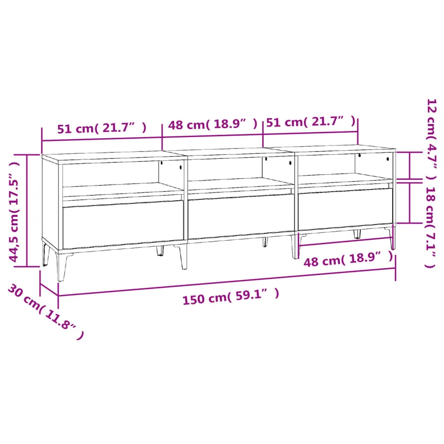 Meuble TV sonoma gris 150x30x44,5 cm bois d'ingénierie - 10