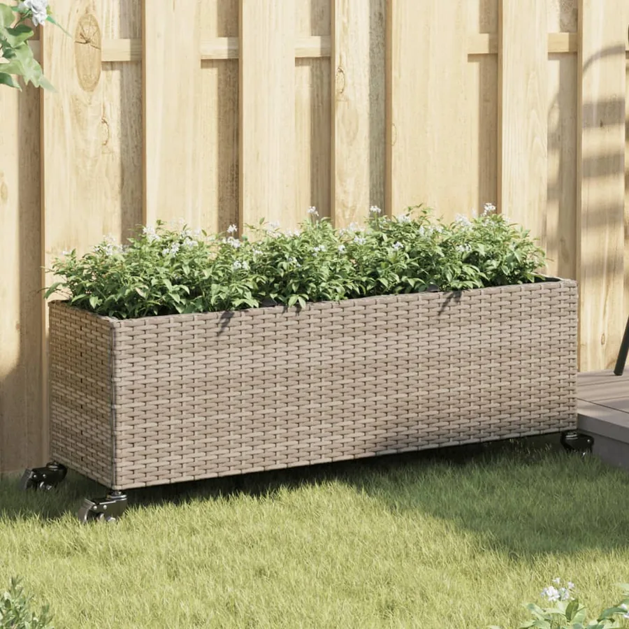 Jardinière et roulettes/3 pots gris 107x32x38 cm résine tressée
