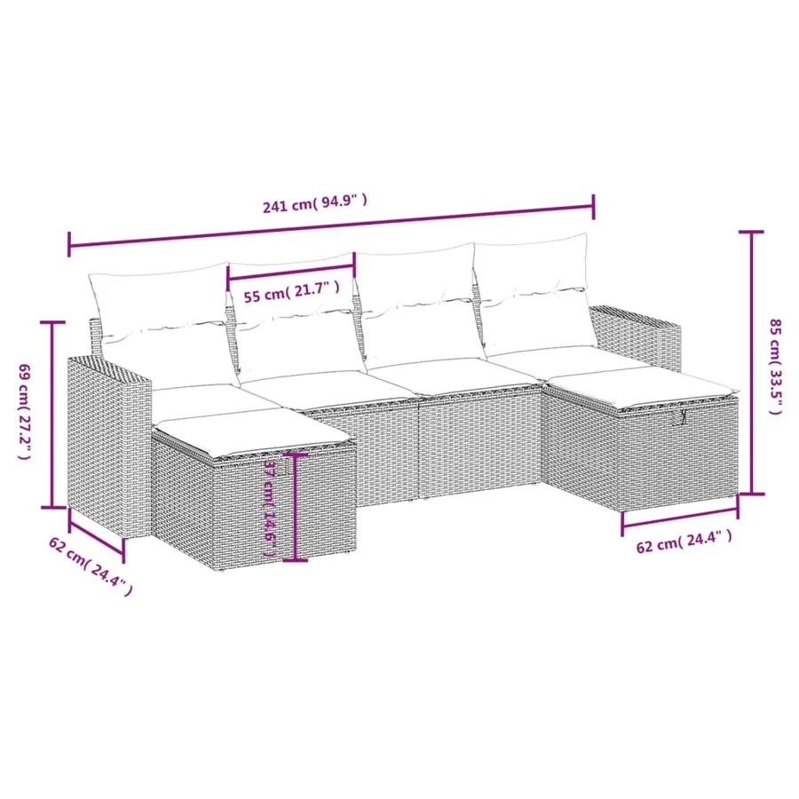 Salon de jardin 6 pcs avec coussins gris clair résine tressée - 4