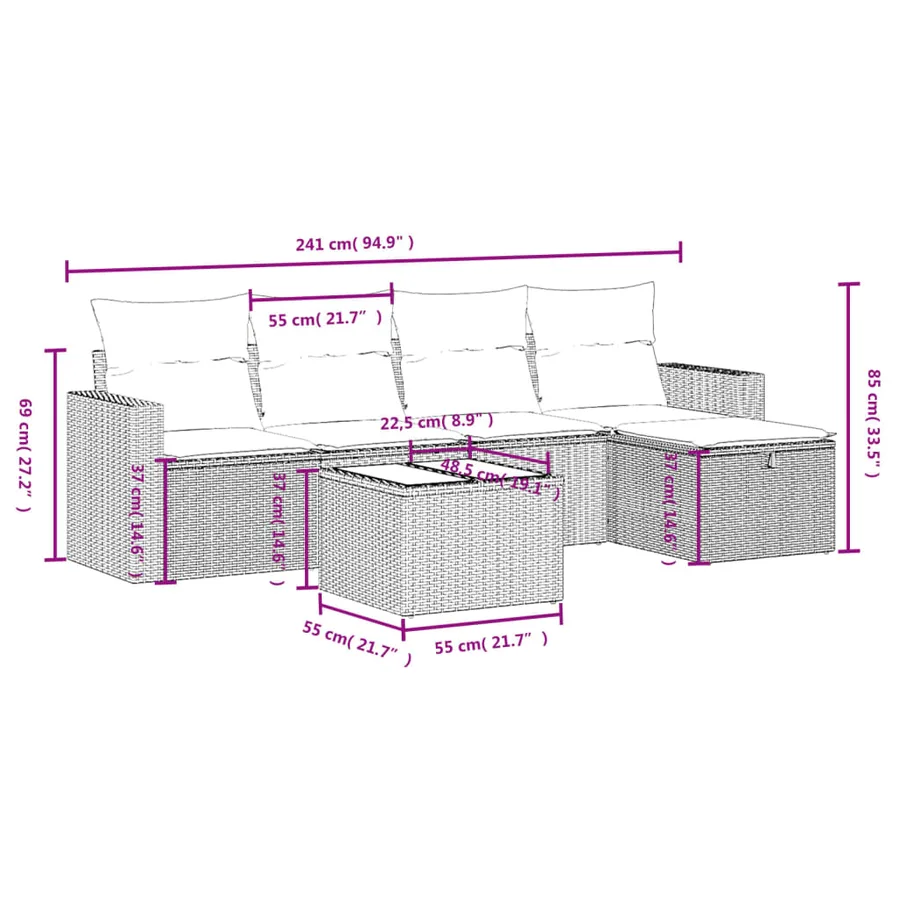 Salon de jardin 6 pcs avec coussins gris clair résine tressée - 4