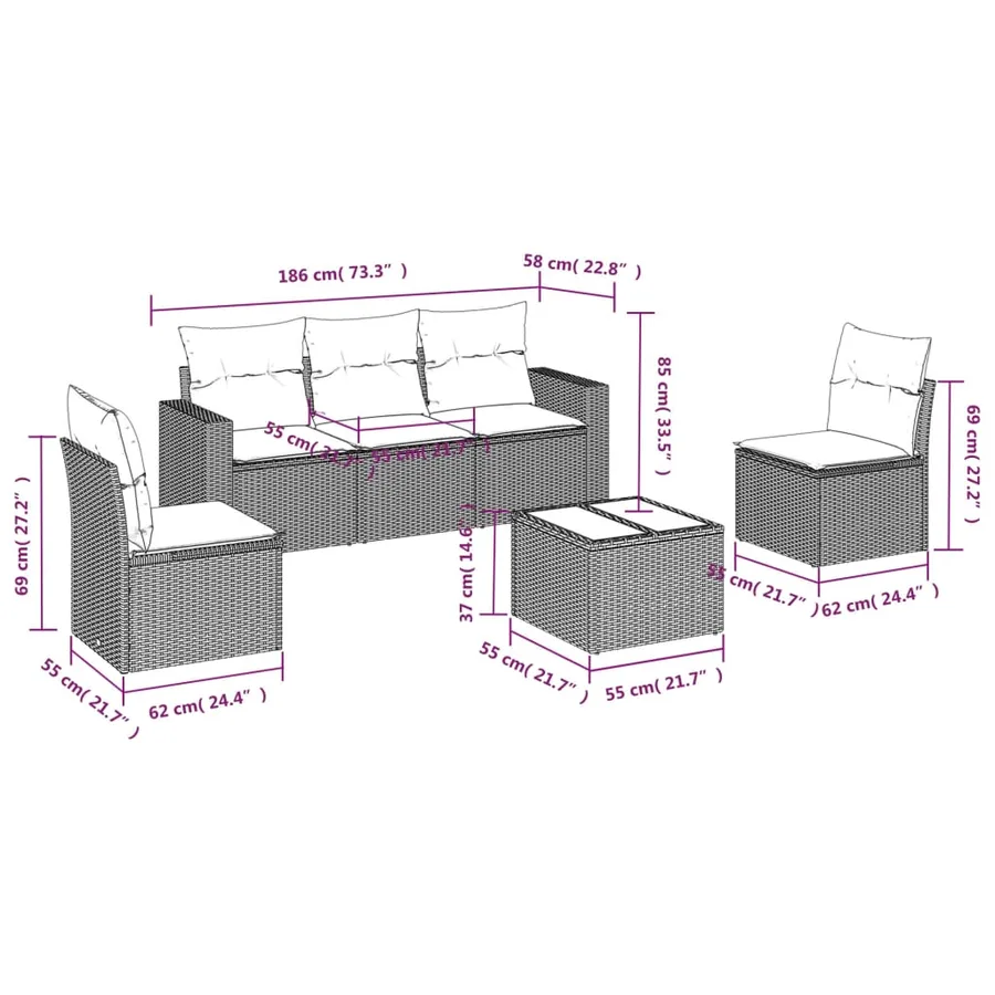 Salon de jardin 6 pcs avec coussins gris clair résine tressée - 3