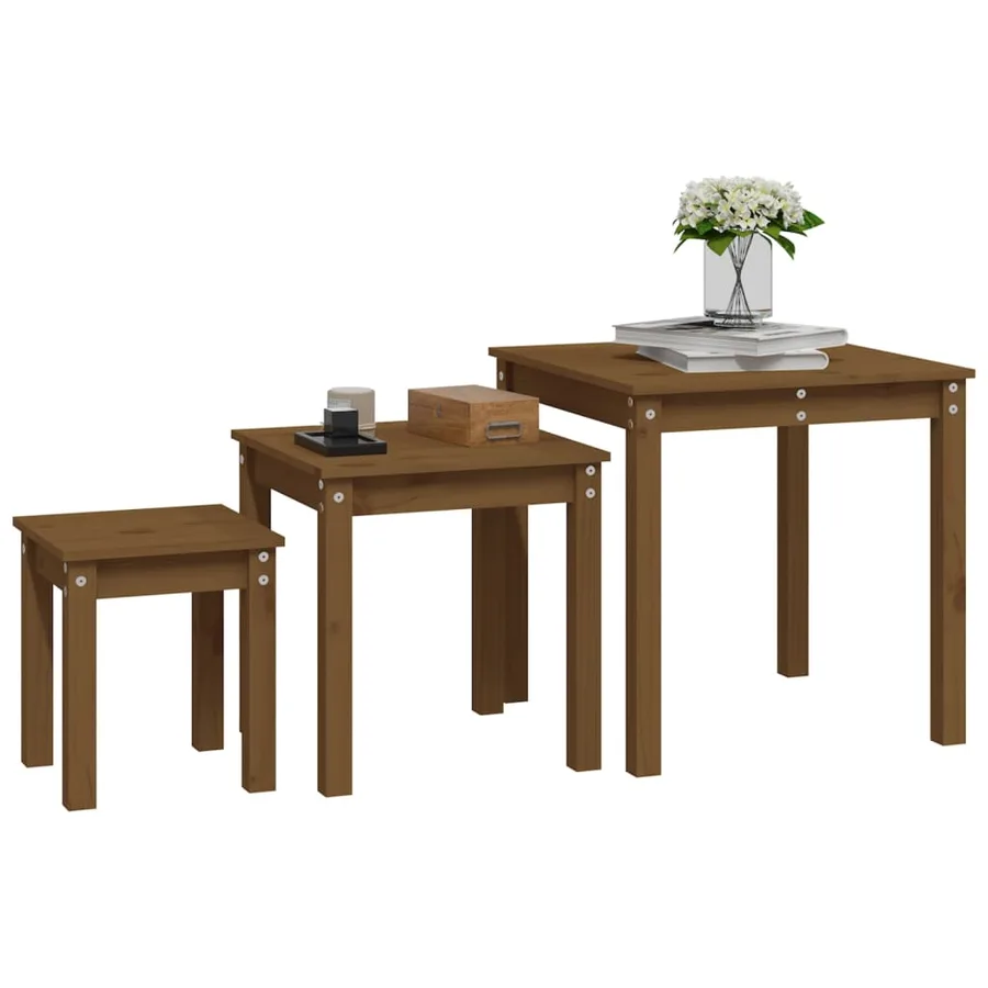 Tables gigognes 3 pcs Marron miel Bois de pin massif - 4
