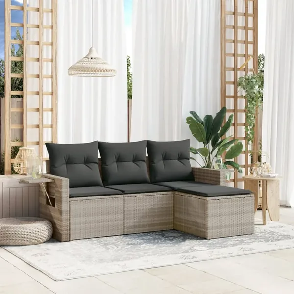 Salon de jardin 4 pcs avec coussins gris clair résine tressée