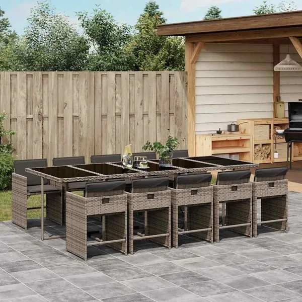 Ensemble à manger de jardin 11pcs avec coussins gris poly rotin