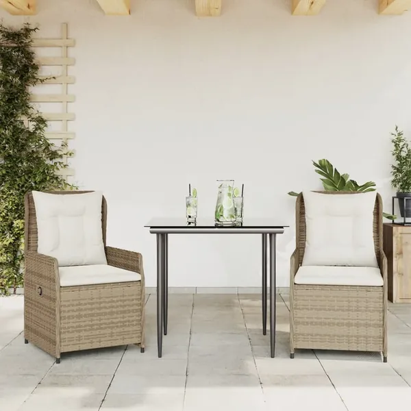 Ensemble à manger de jardin et coussins 3 pcs Beige poly rotin